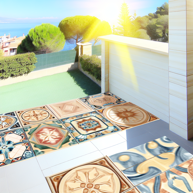 Плитка на улице — разные цвета и форматы, солнечный ракурс, кусочек сада