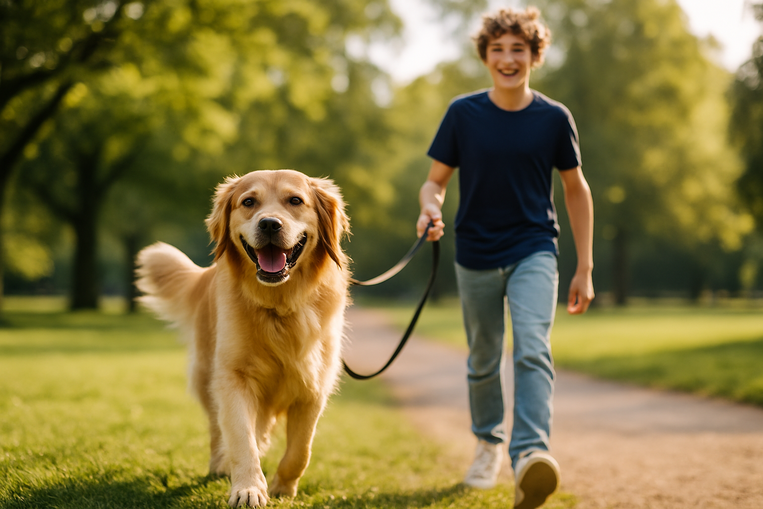 подросток гуляет с собакой