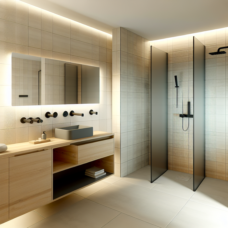 Современная ванная с плиткой Cersanit, тёплым светом и матово‑чёрной фурнитурой