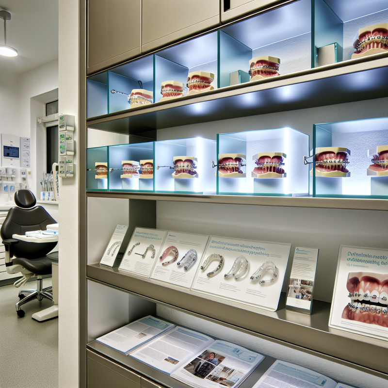 Витрина с различными видами самолигирующих брекетов и современный стоматологический кабинет.