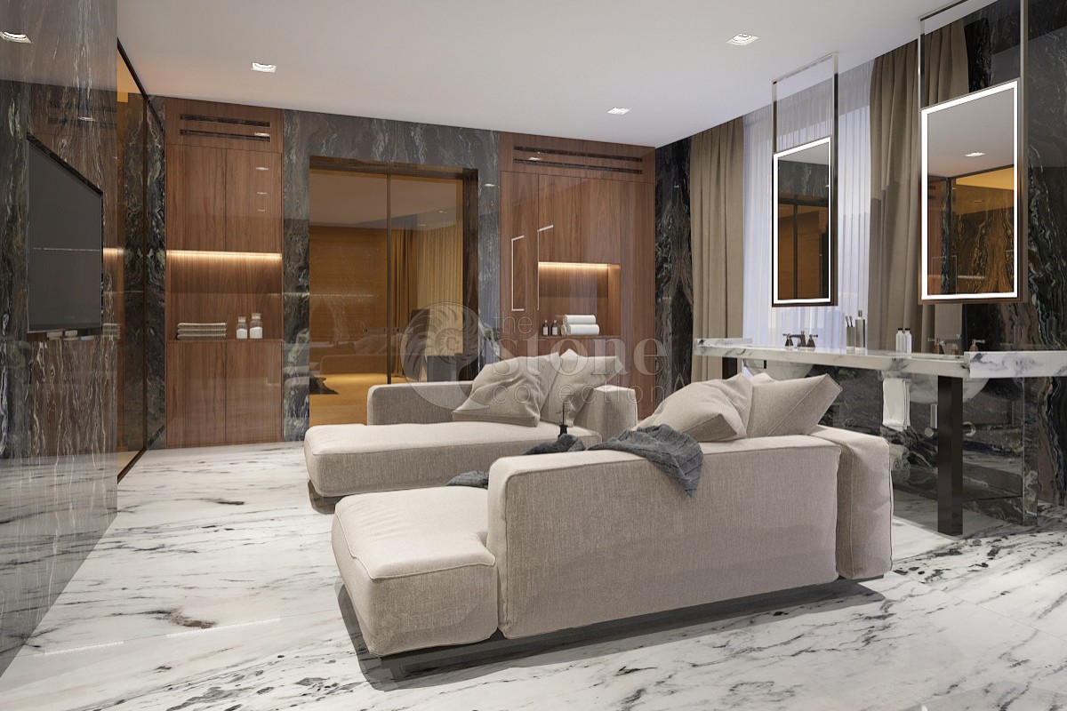 Пол из белого мрамора с серыми прожилками в Москве и Подмосковье