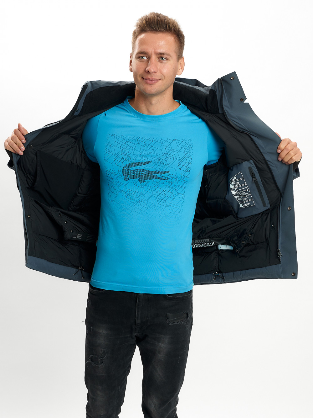 Горнолыжная куртка мужская MTFORCE темно-серого цвета SUMDXQ в расстегнутом виде