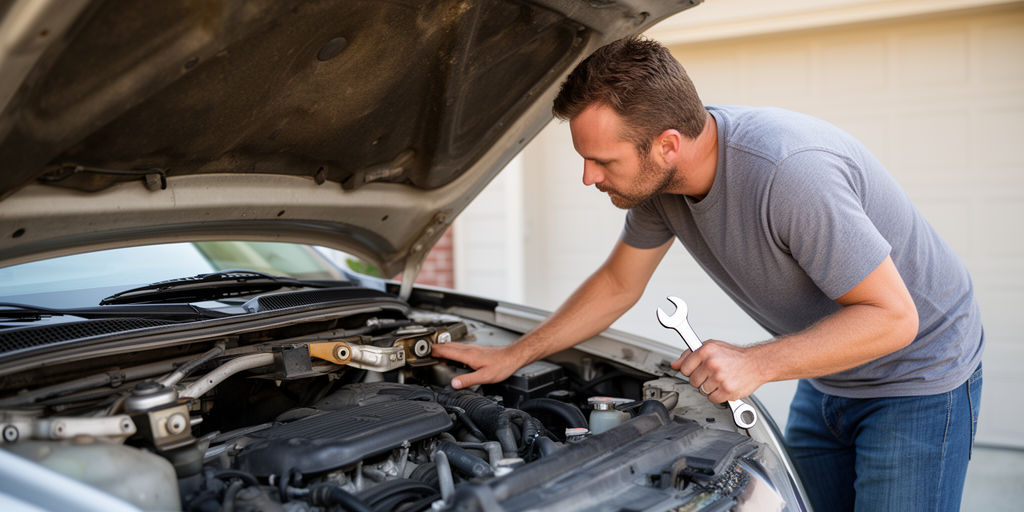 Владелец осматривает крепления двигателя
